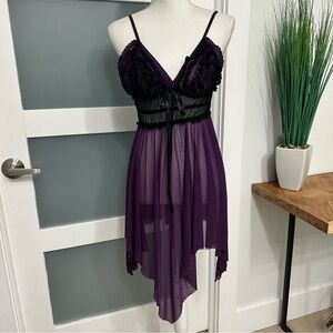 Babydoll Sheer Asymmetrical Top Deep Purple Black SZ Small Coquette Whimsigoth